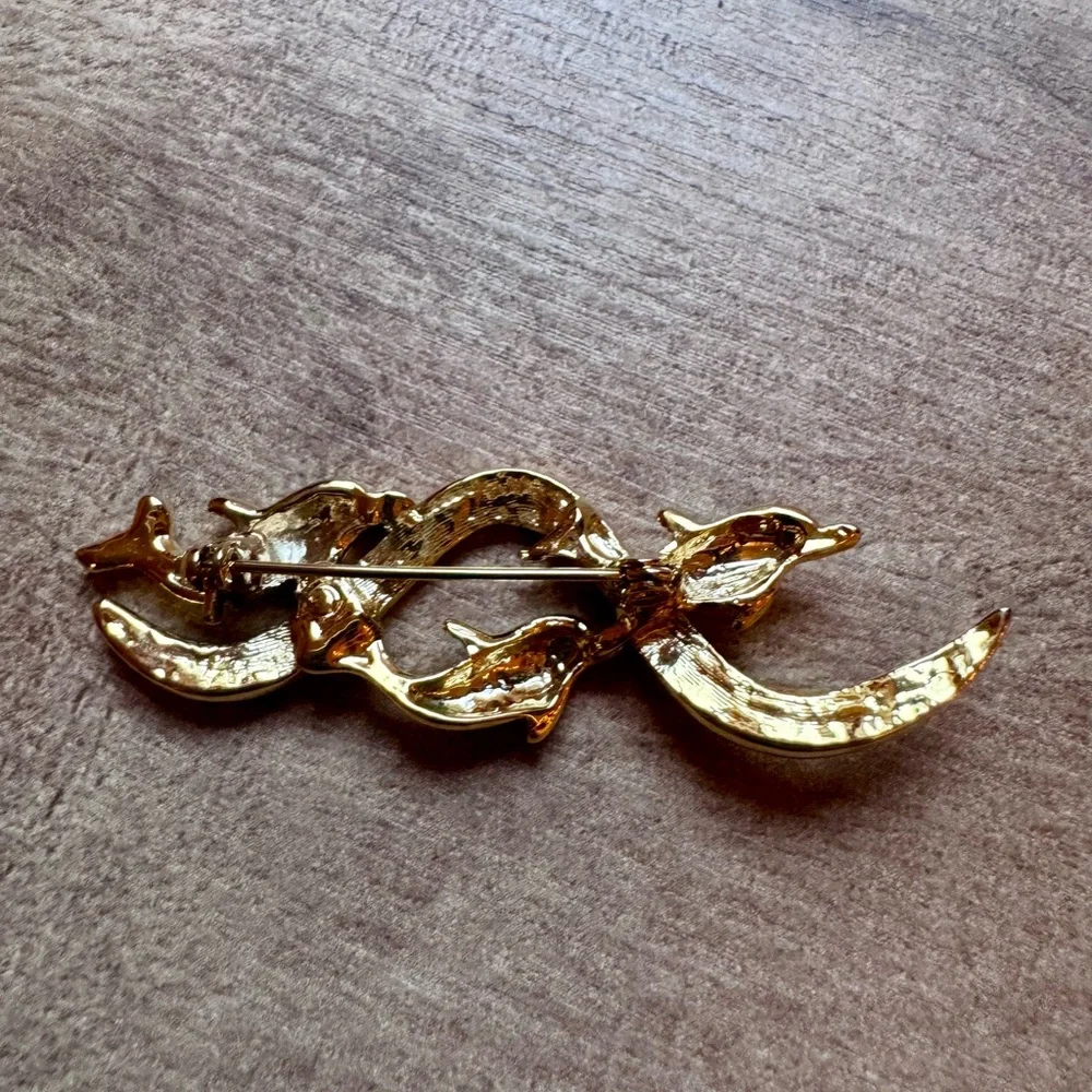 Swimming Dolphins Riding Rhinestone Wave Pin Brooch 2 Tone Costume Unsigned